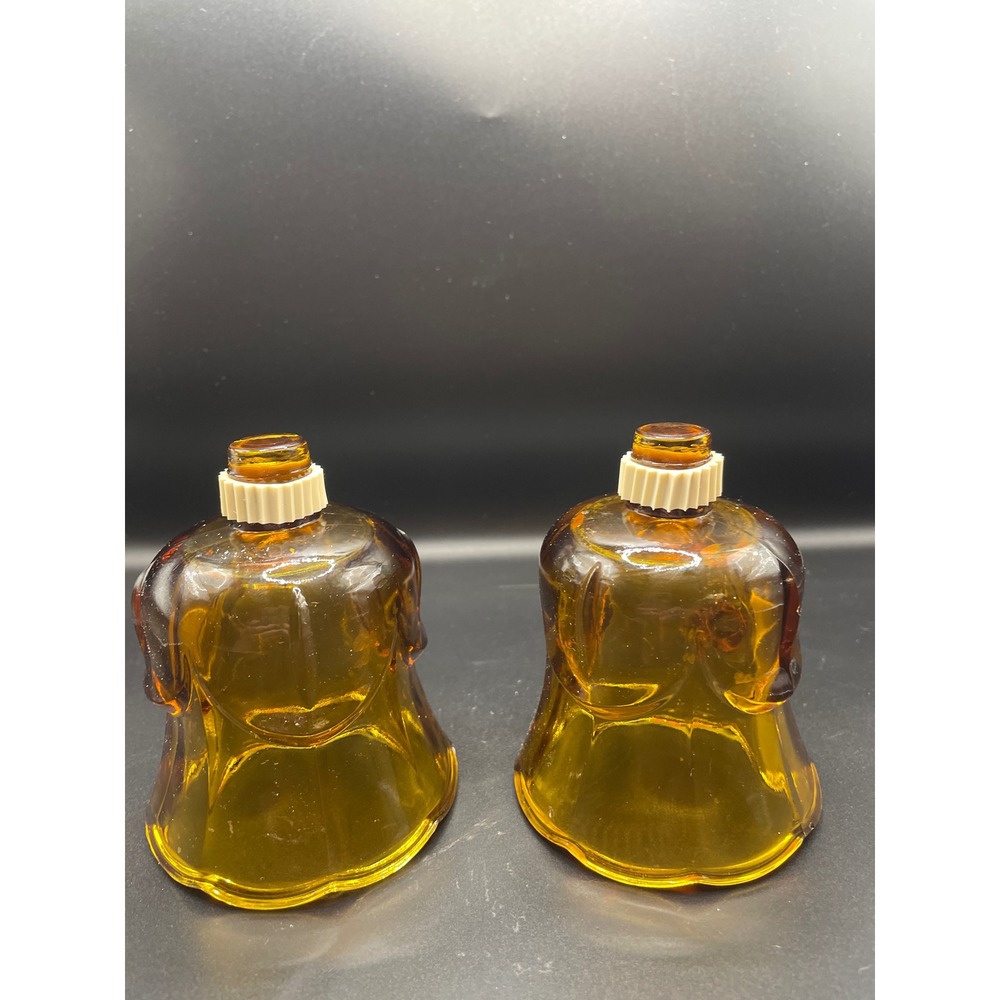 Vintage Amber Homco Peg Votive Candle Holders Scalloped Bell Shape Pair 3 1/2"
